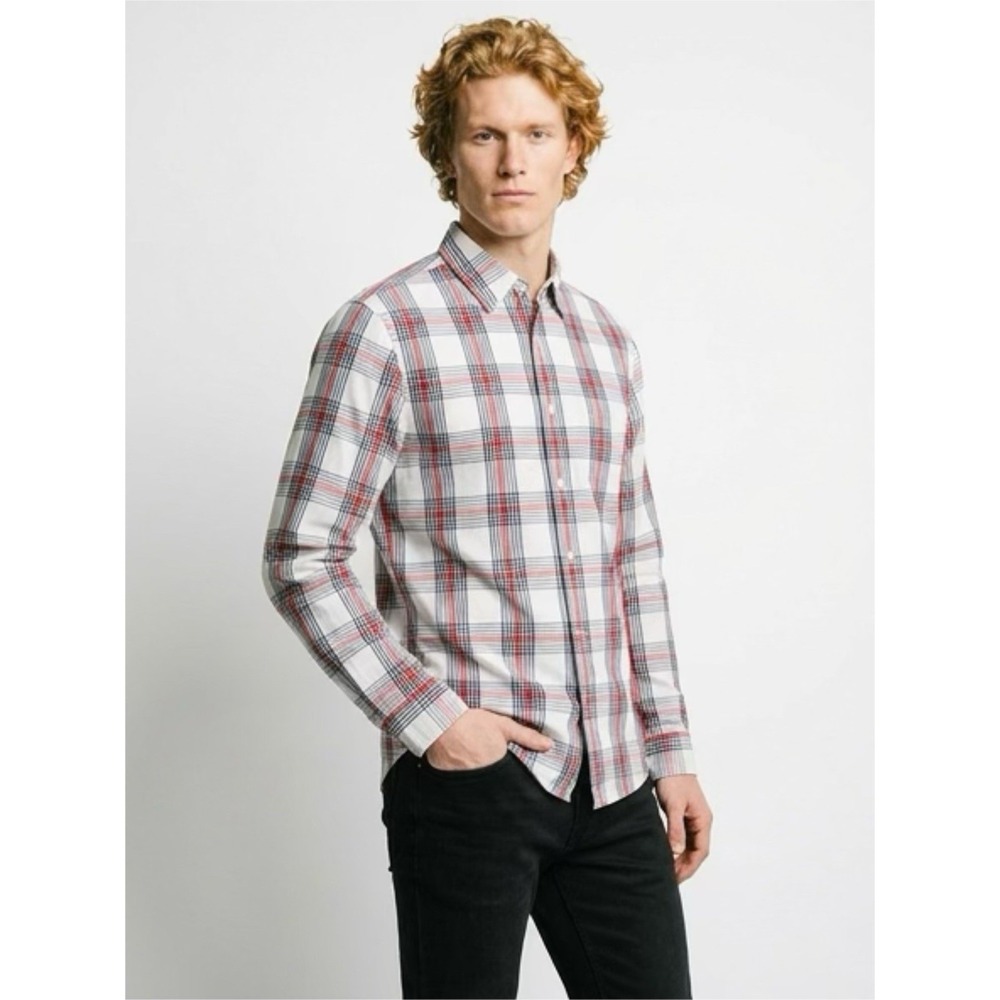 (..2)Men's GAP Slim Fit Button Down Plaid Shirt | Red/White/blue Size L